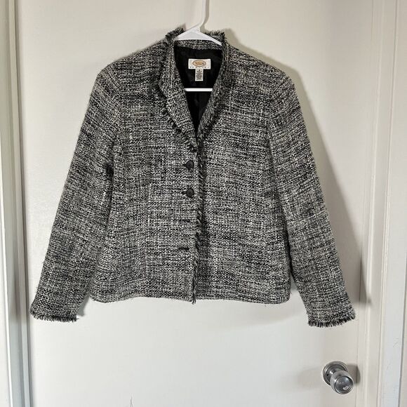 Talbots Wool Boucle Tweed Blazer Jacket Black/White/Gray Women 6 W/Fringe - Picture 1 of 8